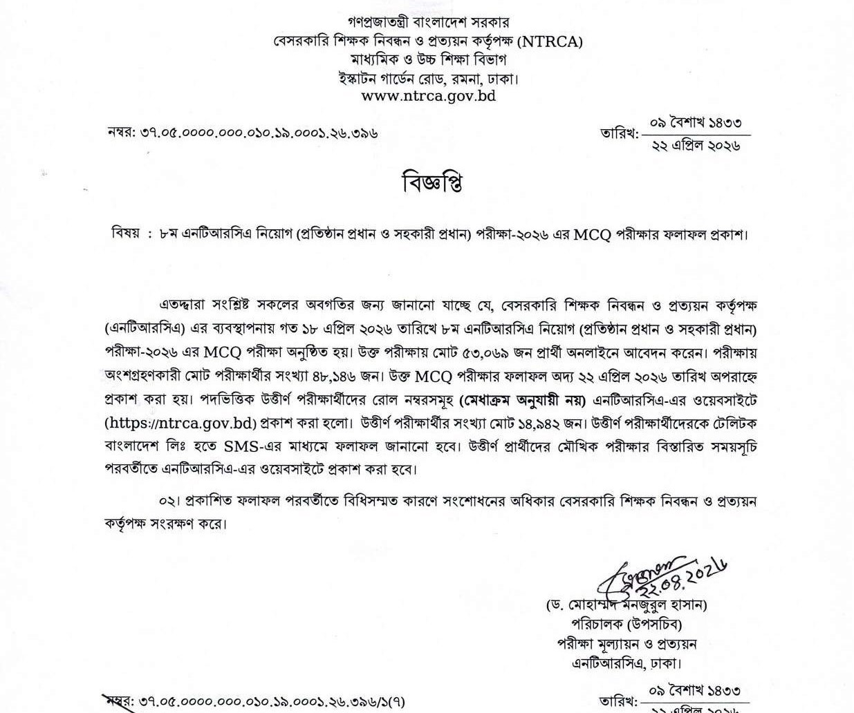 NTRCA Head Master Exam Result 2026